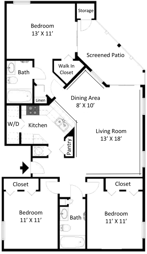 Floor plan for 3 beds, 2 baths, 1275 sqft